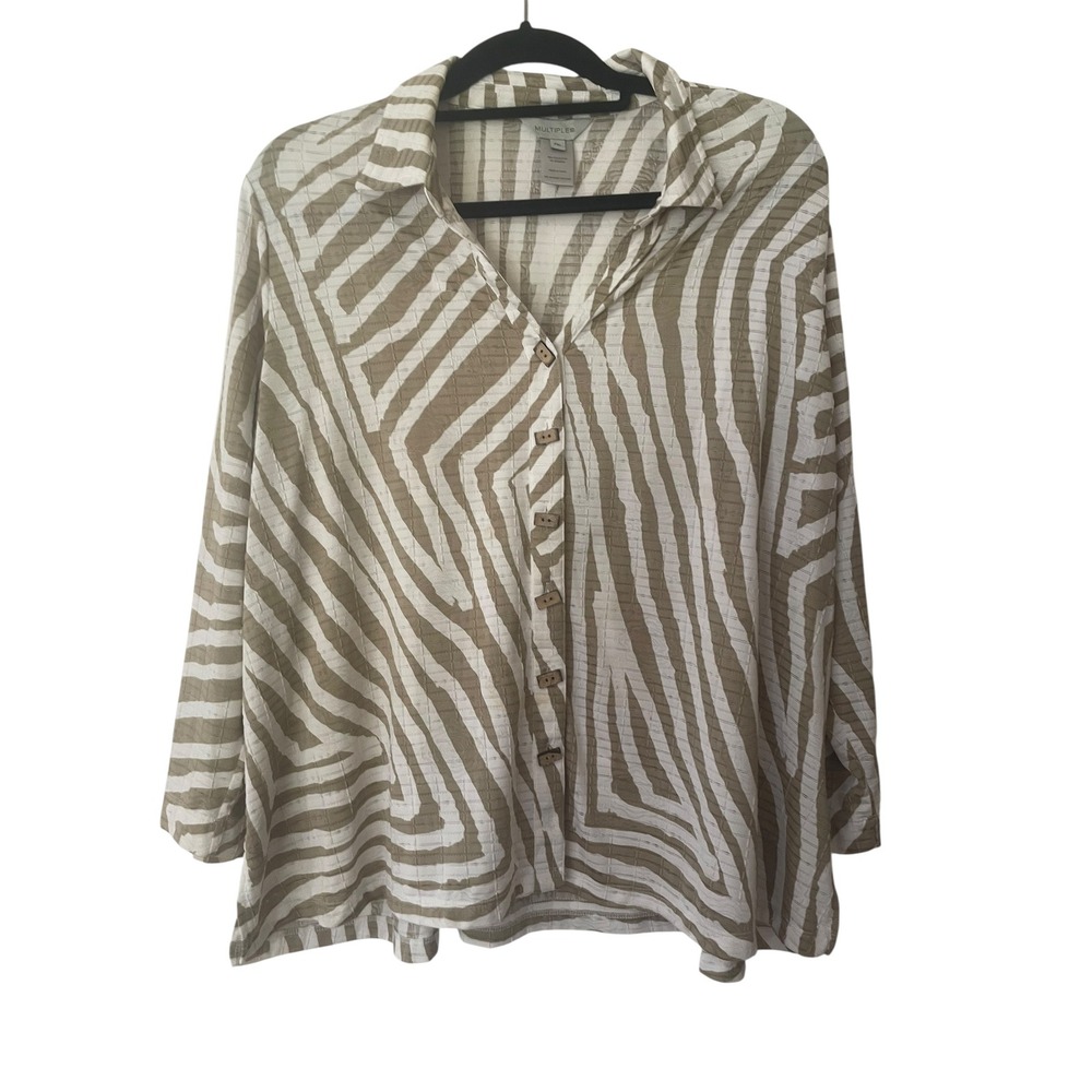 Multiples Women's PXL Zebra Print Textured Button Up Shirt Tan White